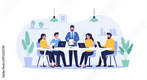 People collaborating at a modern office table, with plants and lamps