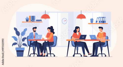 Colleagues work on laptops at desks in a modern office space, with plants and shelves