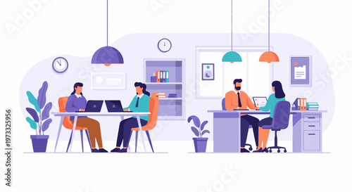 Flat illustration of people working in an office with laptops, plants, and desks