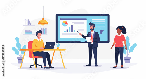 A teacher presents a business graph to two attentive students in a bright, modern classroom