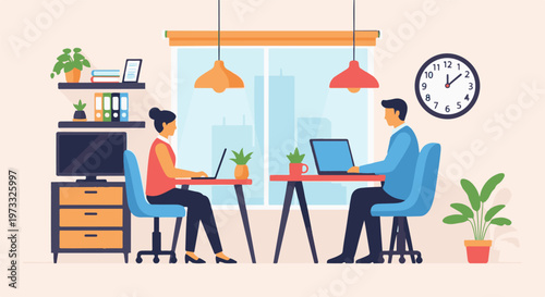 Two individuals work on laptops at separate desks in a bright, modern office space with plants and a clock