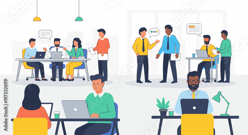 Diverse professionals collaborate in a modern office setting, utilizing technology for communication and tasks