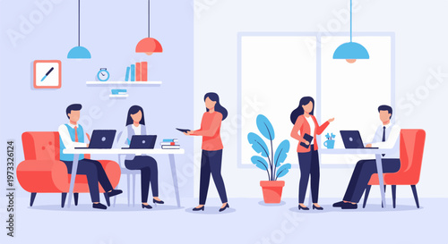 Office setting with employees working on laptops and a plant