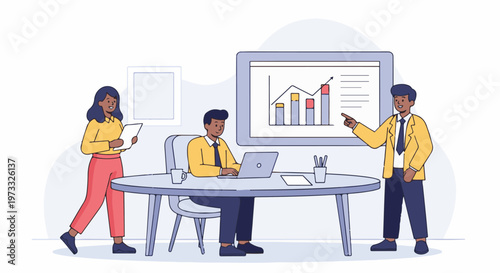 Team analyzing business growth on a presentation screen and laptop in a modern office