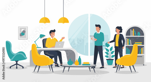 Modern office scene with three professionals collaborating and discussing tasks near a desk and bookshelf