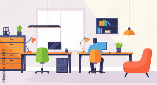 Two desks with computers, chairs, and lamps in a bright, modern office space with a bookshelf and a comfy armchair