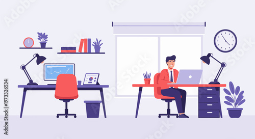 A cheerful businessman works on his laptop at his desk with plants and books surrounding him