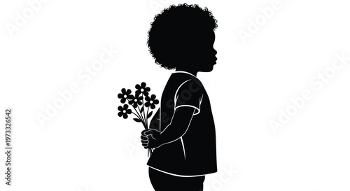 Black silhouette vector illustration of a small child hiding a bouquet of flowers behind their back