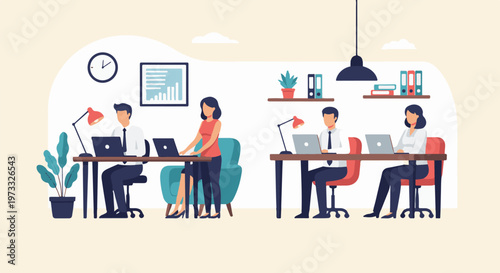 Office workers at desks with laptops, plants, and a clock