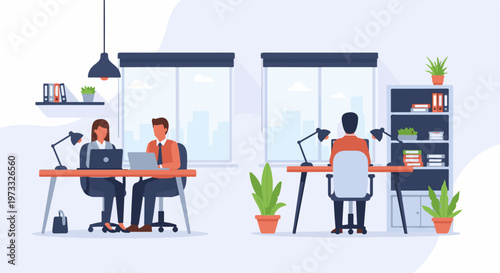 Professionals working in a modern office with city view