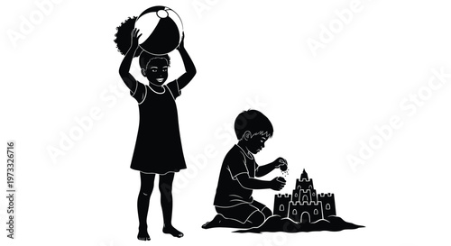 Black and white vector illustration of happy children playing with a beach ball and sand castle