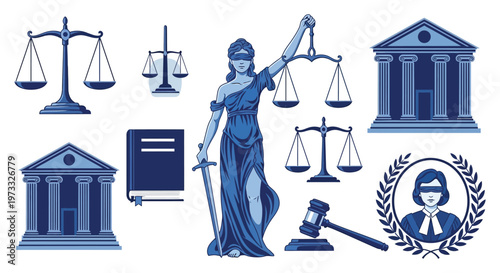 Collection of blue legal justice symbols illustration vector graphic design representing law and court proceedings.