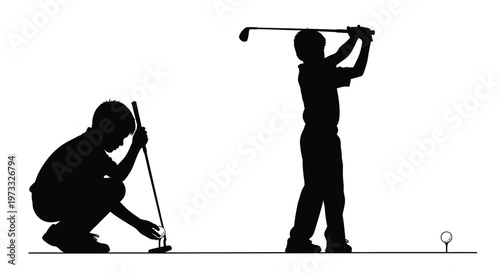Two young boys enjoying golf practice, one preparing to putt a ball, another swinging a club vector graphic.