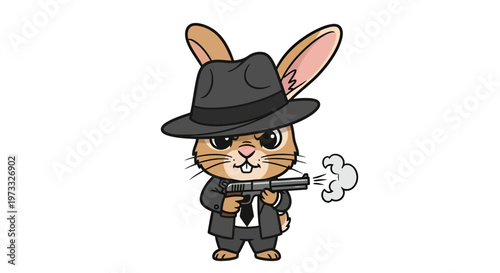 Stylized Rabbit Mobster Vector Illustration Wearing a Black Suit and Fedora, Firing a Smoking Gun, Playful Animal Character for Undercover and Business Niche