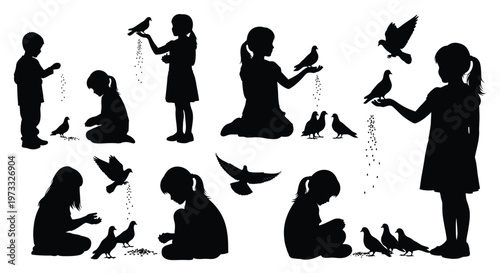 Children interacting with pigeons in this detailed black and white vector graphic illustration of nature activities