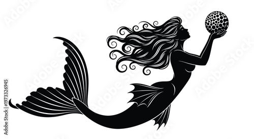 Stylized vector illustration of a graceful mermaid with long flowing hair holding a magical sphere.