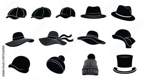A diverse collection of classic and modern hat silhouettes in a versatile vector graphic illustration design.