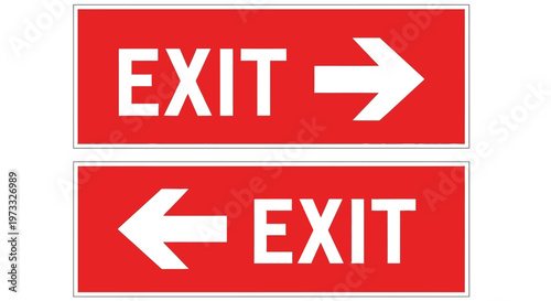 Vector graphic showing two prominent red exit signs with white arrows for clear direction.