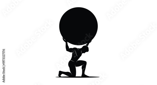 Stylized vector illustration of a mythological figure, an Atlas representation, stoically carrying a heavy spherical burden.