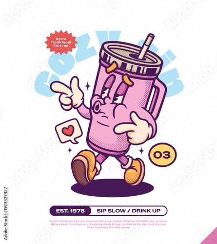 Tumbler Handle Trendy Retro Cartoon Vector Hand Drawn 3