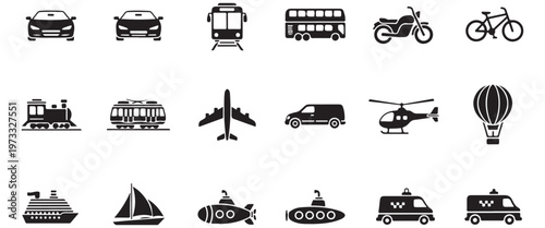 Transportation Icon Set Collection, Car Train Bus Airplane Bicycle and Vehicle Silhouette Vector