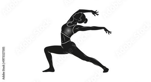 Black silhouette of a woman in a yoga pose with arms outstretched and white outlines on a plain white background representing fitness and wellness