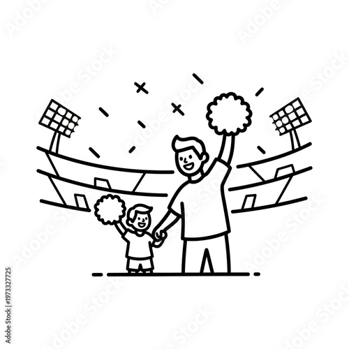 Sporting Cheer: A father and child share a joyful moment at a stadium, raising pom-poms high in celebration of the game, expressing the excitement of the sport