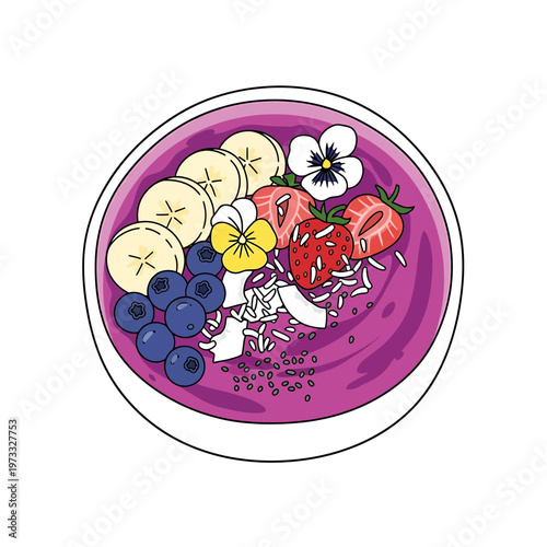 Delicious Smoothie Bowl: A vibrant smoothie bowl adorned with fresh, colorful fruits and edible flowers, an appetizing and healthy treat, offering a delightful blend of flavors and visual appeal.