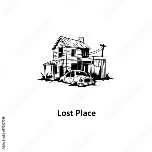 Lost Place: Depicts a dilapidated house with a sunken vehicle, conveying a sense of abandonment and the passage of time. The scene tells a story of neglect and decay, evoking a mood of desolation.
