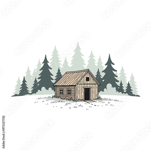 Cozy Cabin in the Wilderness: A charming wooden cabin nestled amidst a dense forest of evergreen trees, inviting tranquility and solitude in the heart of nature.