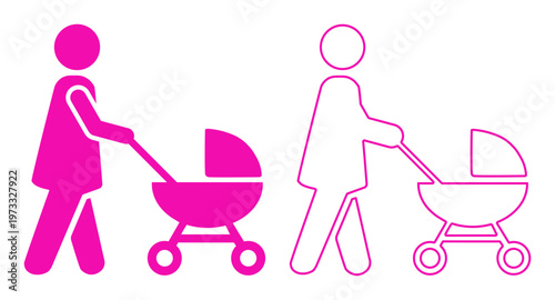 Woman with baby stroller icon pair in pink, outlined and filled, childcare symbol. Ideal for parenting, or baby care design.