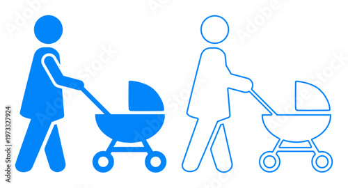 Woman with baby stroller icon pair in blue, outlined and filled, childcare symbol. Ideal for parenting, or baby care design.