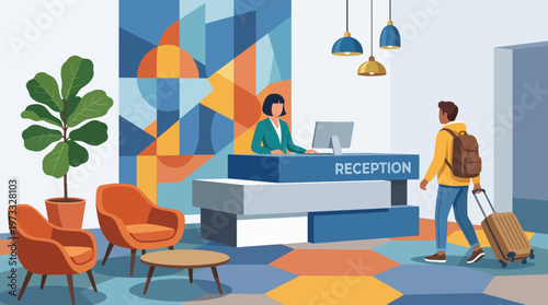 A modern hotel reception that embraces a welcoming atmosphere, showcasing vibrant colors and contemporary design that embodies hospitality and comfort for arriving guests.