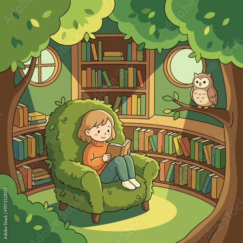A magical scene of a child reading in a cozy nook surrounded by books and nature, capturing the enchantment of literature and peaceful moments of exploration in a whimsical setting.