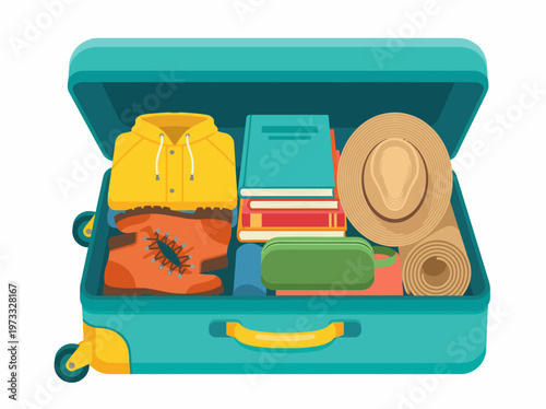 This illustration showcases a packed suitcase filled with travel essentials, symbolizing adventure and the excitement of exploration and wanderlust through travel.