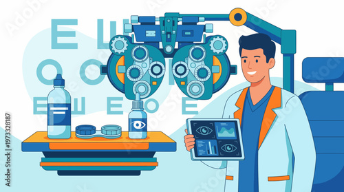 This illustration portrays an eye care professional using advanced eye testing equipment, representing care and expertise in eye health and vision sciences.