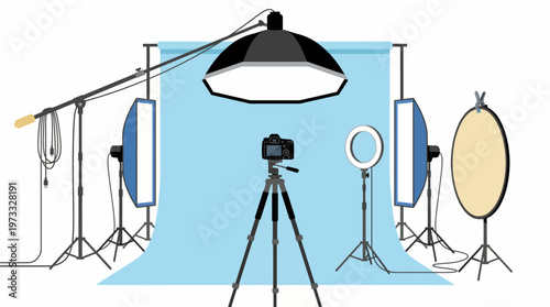 An organized photography studio equipped with various lighting, backdrops, and camera gear, establishing a creative space for capturing stunning images efficiently.