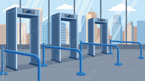 A stylized illustration of airport security featuring metal detectors and a sleek design, representing modern travel experiences and safety protocols.