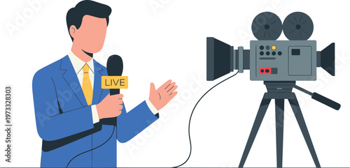 Flat design faceless news reporter with microphone and camera for live broadcast illustration