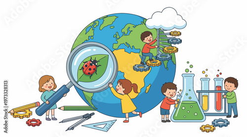 A vibrant illustration showing children engaged in science and exploration. They are observing nature, experimenting with colors, and working together for discovery.