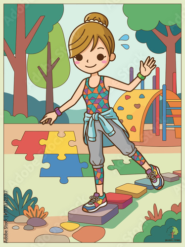 A cheerful illustration depicts a girl balancing on stepping stones in vibrant colors at a playground, radiating joy and encouraging playful physical activity.