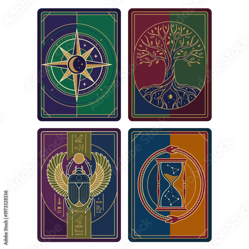 This image features four beautifully designed cards with intricate illustrations representing concepts such as guidance, growth, time, and transformation, perfect for tarot enthusiasts.
