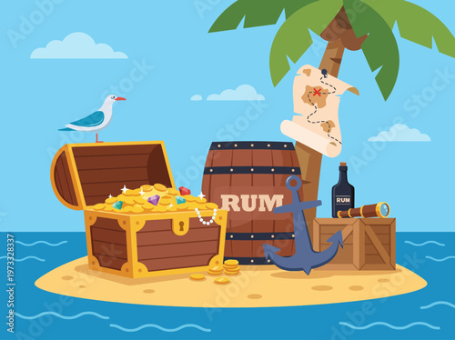 An engaging illustration showcases a treasure chest filled with gold coins, a rum bottle, and various pirate treasures, evoking adventure and exploration at sea.