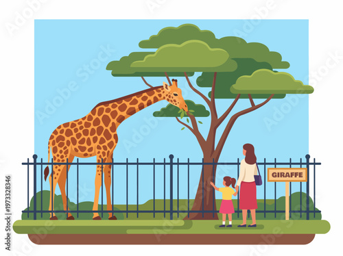 A warm illustration features a mother and child observing a giraffe at a zoo, showcasing a loving bond and the wonder of experiencing wildlife together.
