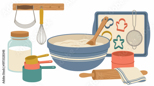 This image showcases essential baking tools and ingredients such as flour, cookie cutters, and mixing bowls, creating a cozy atmosphere for budding bakers to get inspired.