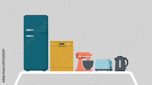 A sleek illustration displays a lineup of modern kitchen appliances on a minimalist shelf, showcasing style, functionality, and the essence of contemporary cooking.