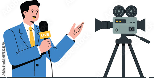 Flat design news reporter with microphone and camera for live broadcast media illustration