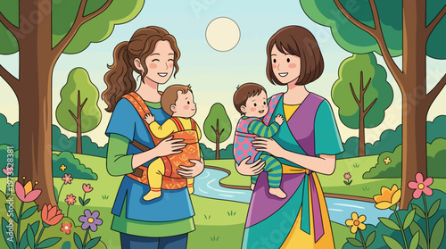 A heartwarming illustration of two mothers lovingly carrying their babies in a vibrant natural setting, highlighting the beauty of motherhood and connection with nature.
