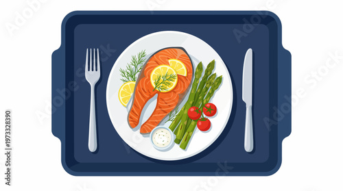 This beautifully styled dinner plate features grilled salmon with asparagus and cherry tomatoes, presenting a healthy and visually appealing meal perfect for food enthusiasts.