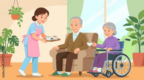 A caregiver warmly serves tea to elderly clients in a cozy room, depicting compassion and dedication in healthcare, showcasing the bond between caregiver and patients.